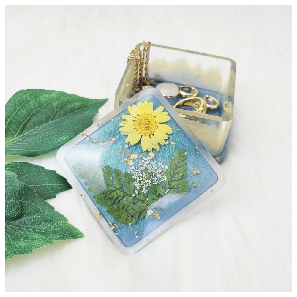 Floral Trinket Box Small Square Jewelry Box Stash Box Teal Blue Yellow Green